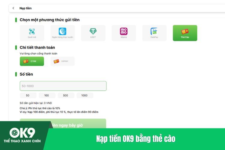 Nạp tiền OK9 bằng thẻ cào